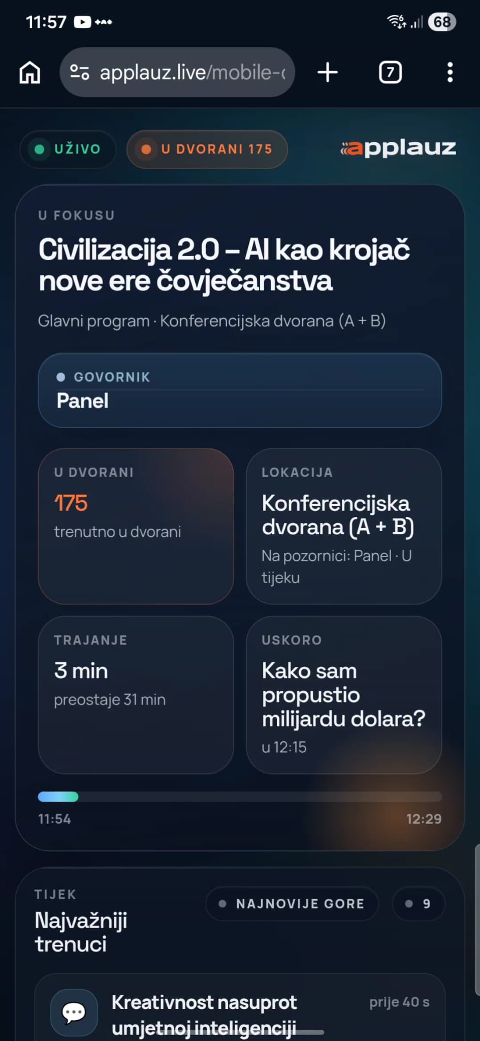 Applauz mobile screen showing conference overview